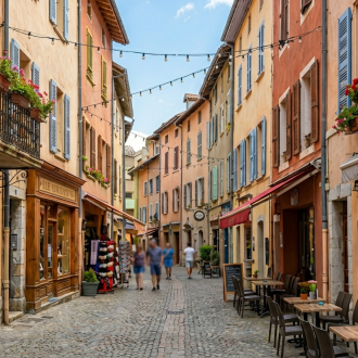 Ambiance d'été dans une ruelle piétonne colorée du centre historique d'Embrun avec commerces et terrasses de restaurants