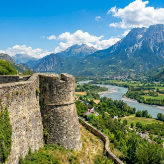 Vue spectaculaire depuis les remparts d'Embrun sur la vallée de la Durance, la rivière et les montagnes des Écrins sous un ciel nuageux